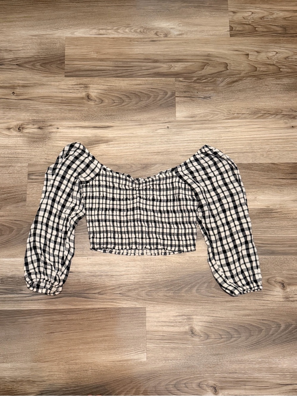 American Eagle Outfitters Black & White Gingham Off-Shoulder Crop Top